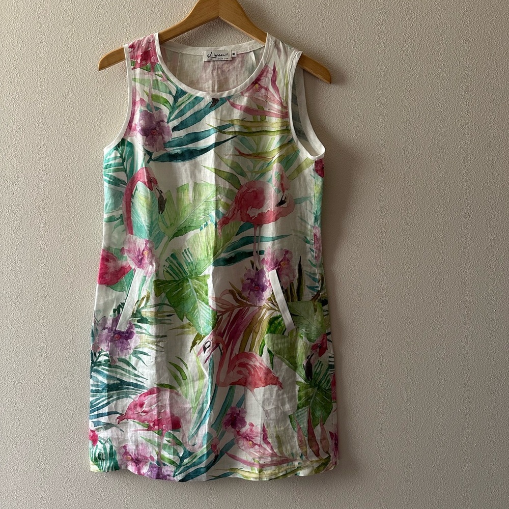 I linen palm leaves & flamingo 100% linen designer shift dress made in Poland M